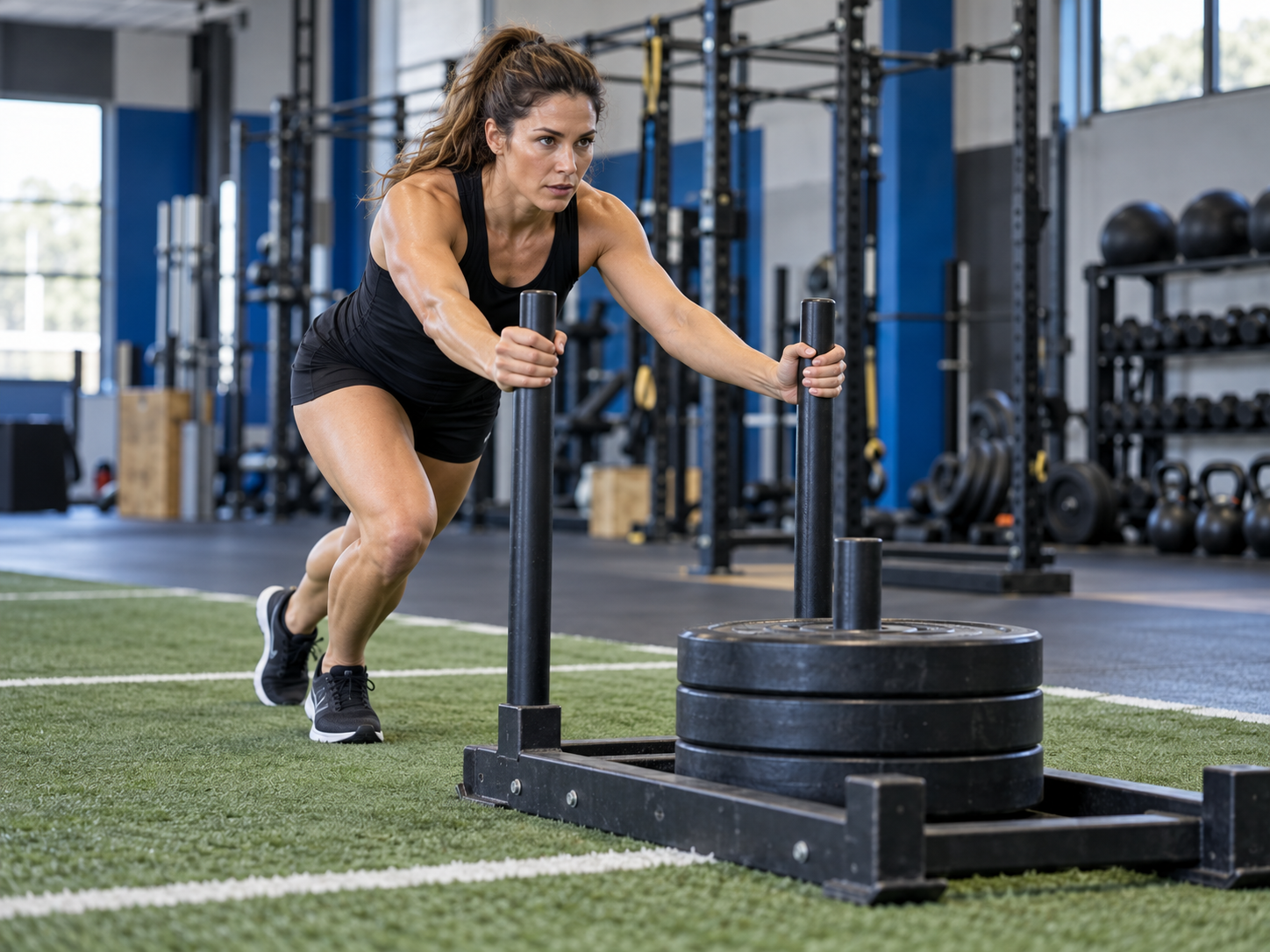 Hybrid athlete pushing a sled